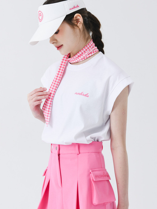 스카프 포인트 슬리브리스 티셔츠 WHITE&PINK
