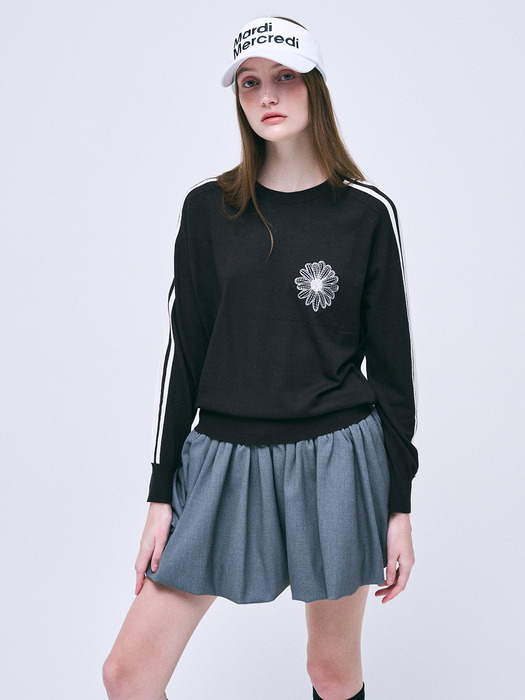 STRIPE SLEEVE KNIT PULLOVER FLOWER NEEDLEWORK_BLACK IVORY