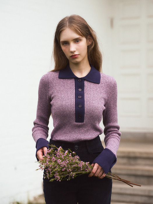 COLOR BLOCK LONG SLEEVED POLO KNIT - PURPLE