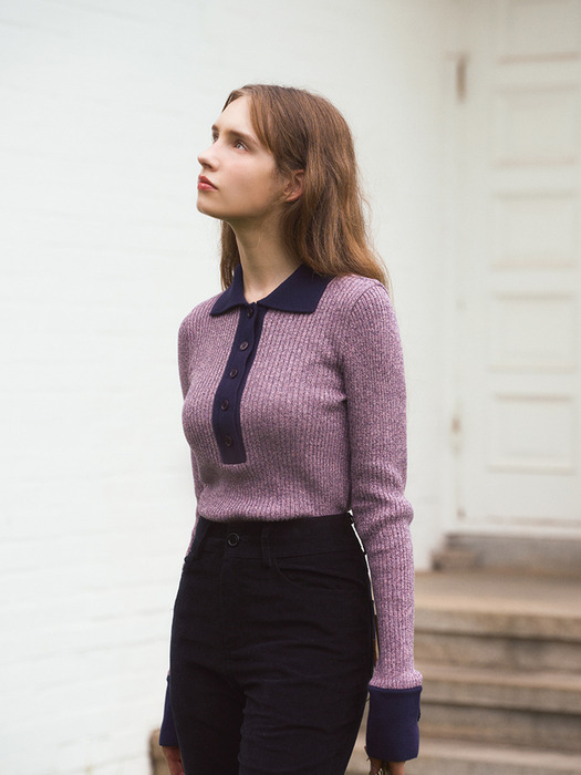 COLOR BLOCK LONG SLEEVED POLO KNIT - PURPLE