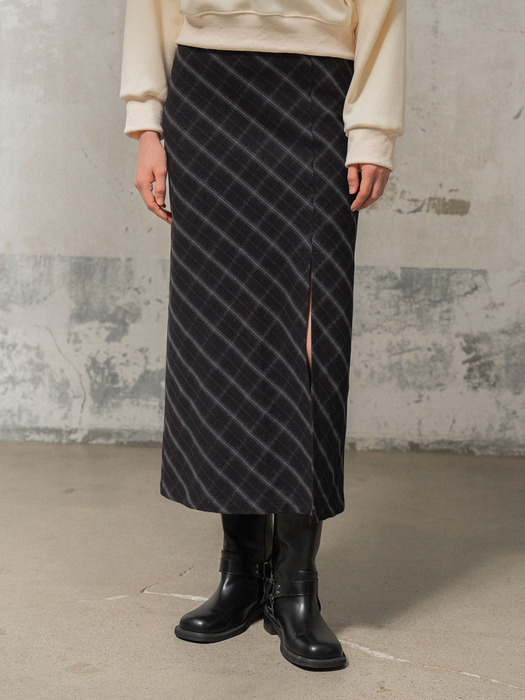 Slit Check Skirt_DARK  BORWN