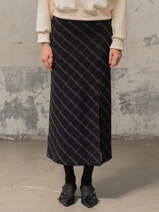 Slit Check Skirt_DARK  BORWN