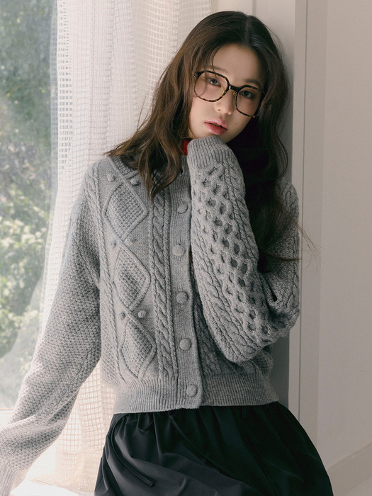 WOOL BUTTON CABLE CARDIGAN GRAY