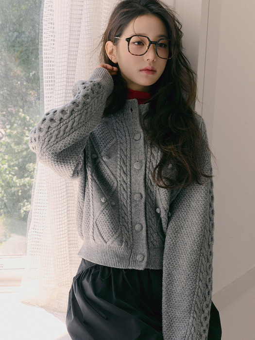 WOOL BUTTON CABLE CARDIGAN GRAY