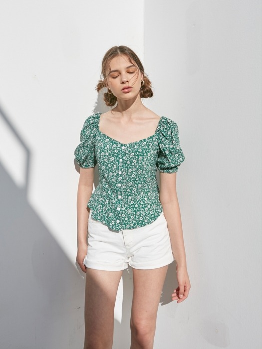 FLORAL PUFF SLEEVES BLOUSE_GREEN