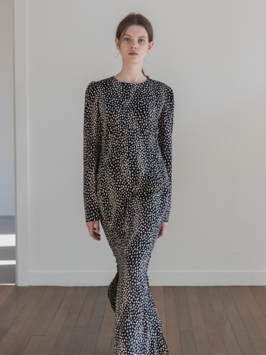 [19FW]Long Slit Printed Dress_Black/Beige Print
