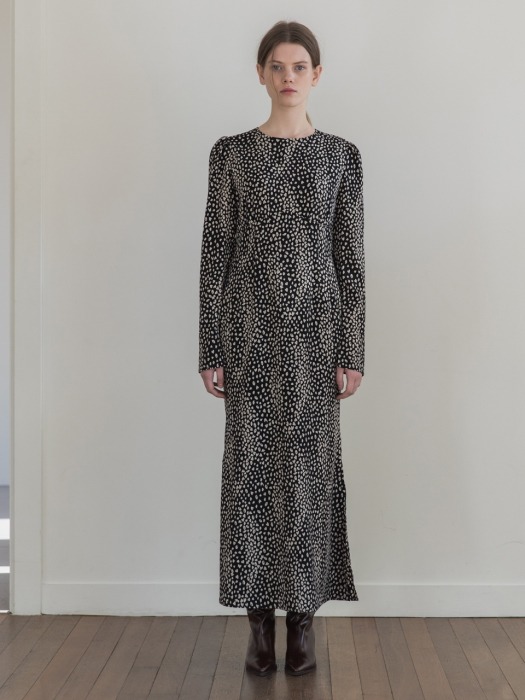 [19FW]Long Slit Printed Dress_Black/Beige Print