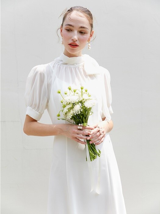 [미전시]BELLA Bow tie detail short puff-sleeve dress (White)