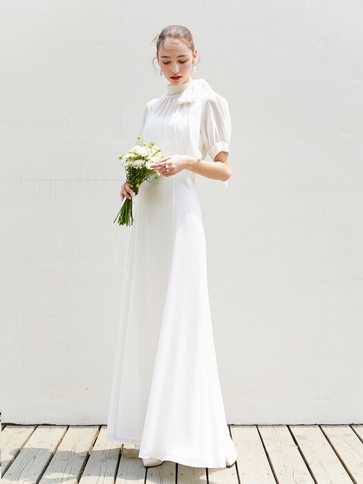 [미전시]BELLA Bow tie detail short puff-sleeve dress (White)