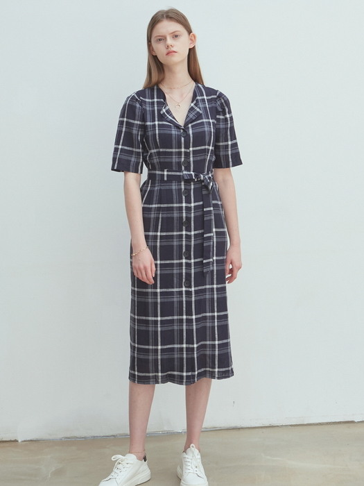 LINEN CHECK SHIRT DRESS_NAVY