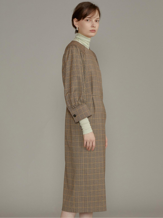 Check Shirred-sleeve Dress [BROWN] JYDR0D921W2