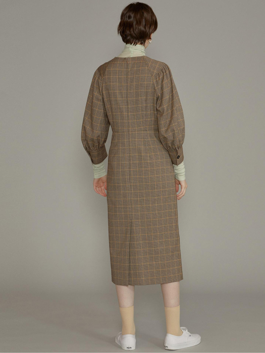 Check Shirred-sleeve Dress [BROWN] JYDR0D921W2
