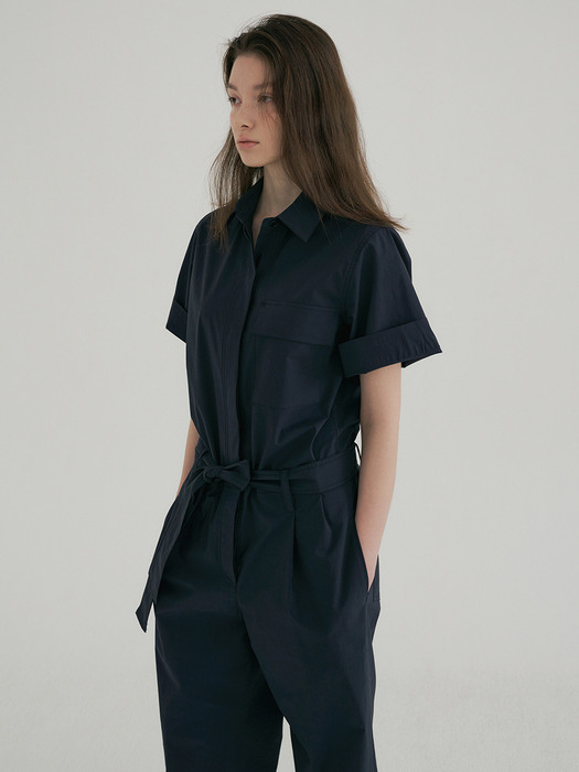 belted cotton jumpsuit (dark navy)