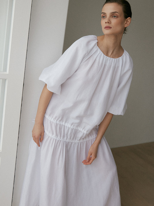 Dion Bubble Sleeve Linen Dress (Perfect White)