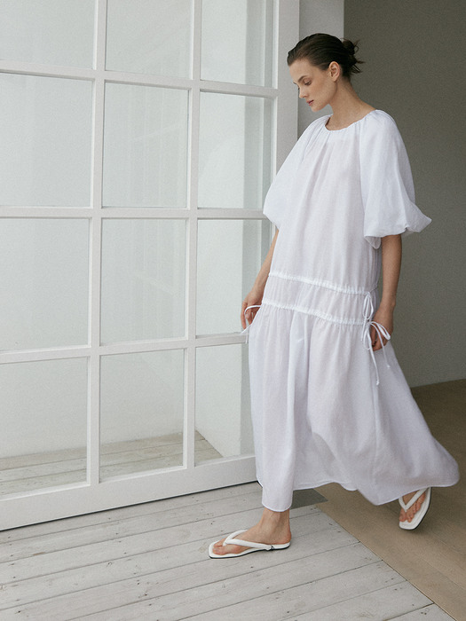 Dion Bubble Sleeve Linen Dress (Perfect White)