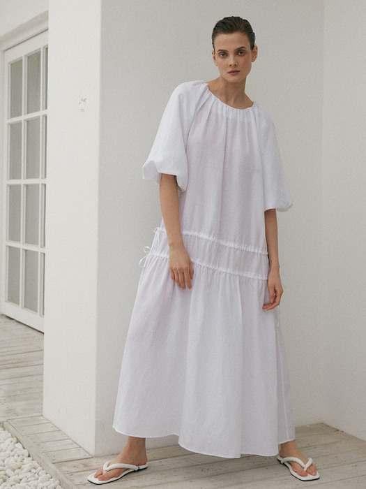 Dion Bubble Sleeve Linen Dress (Perfect White)