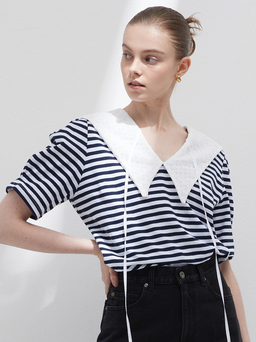 Two way lace collar top - Stripe