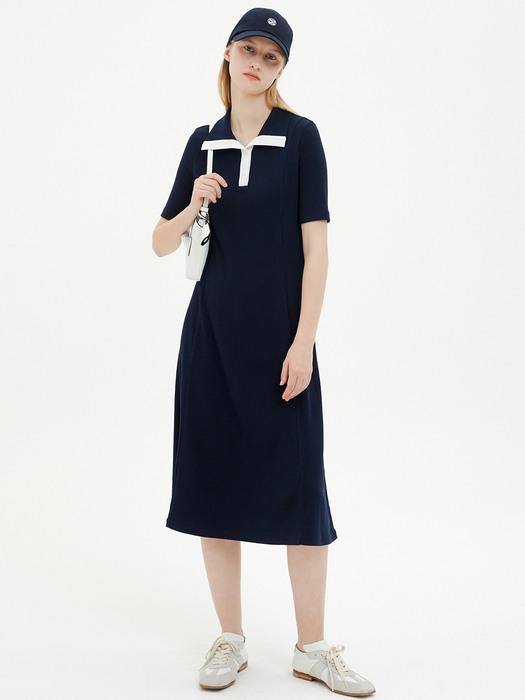 Wide Collar Ribbed Jersey Dress / Navy