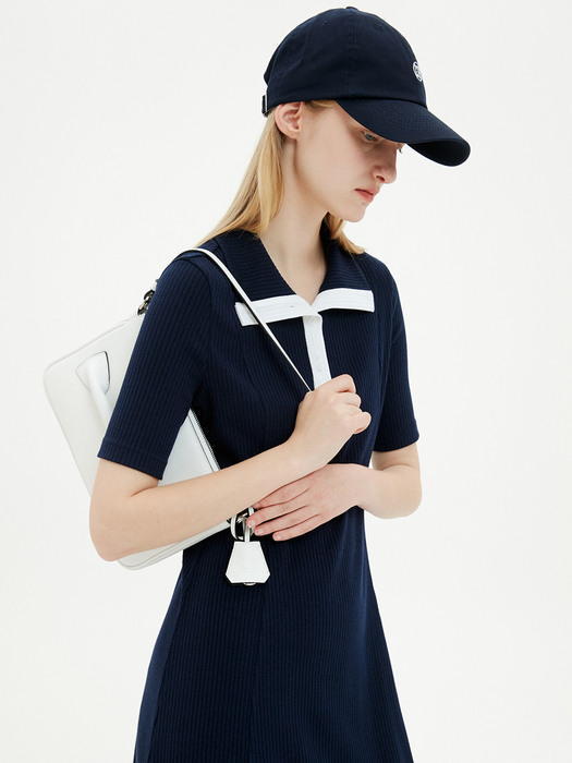 Wide Collar Ribbed Jersey Dress / Navy