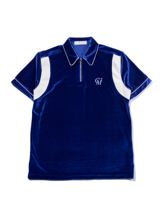 UNISEX  Leather-Trimmed Velour Zip Polo (Blue)