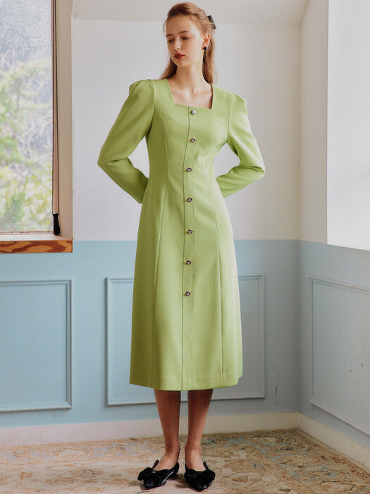 그린 카라 턱 슬리브 드레스 / GREEN KARA TUCK SLEEVE DRESS