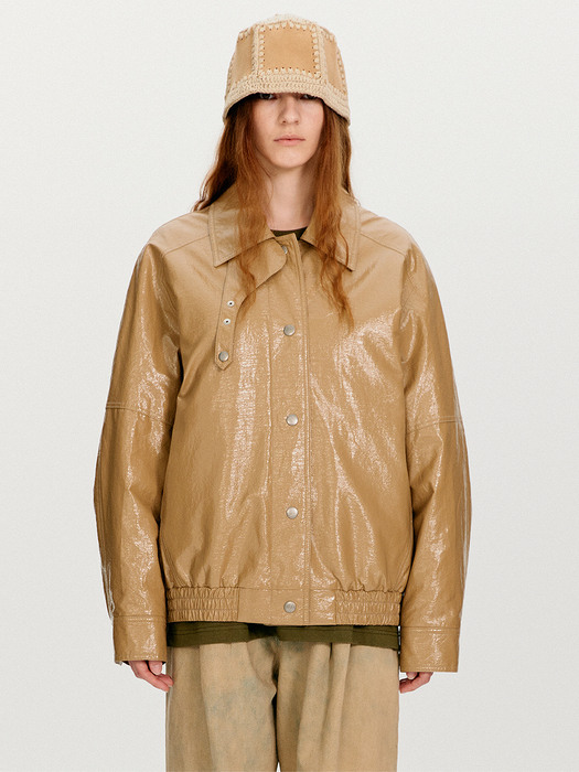 PATENT FAUX LEATHER BOMBER JACKET, BEIGE