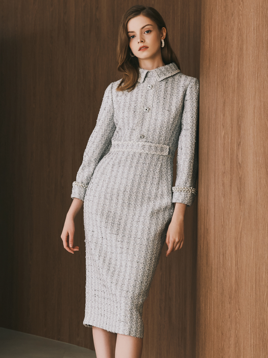 Everly / Volume Sleeve metallic Tweed Dress(silver)