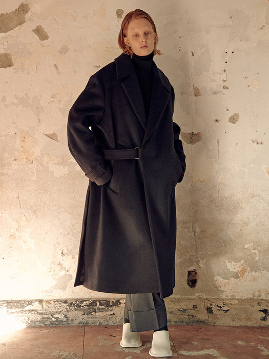 WOOL CASHMERE HALF BELTED OVERSIZED COAT(NAVY)