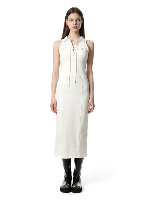 LACE-UP COLLAR DRESS / IVORY