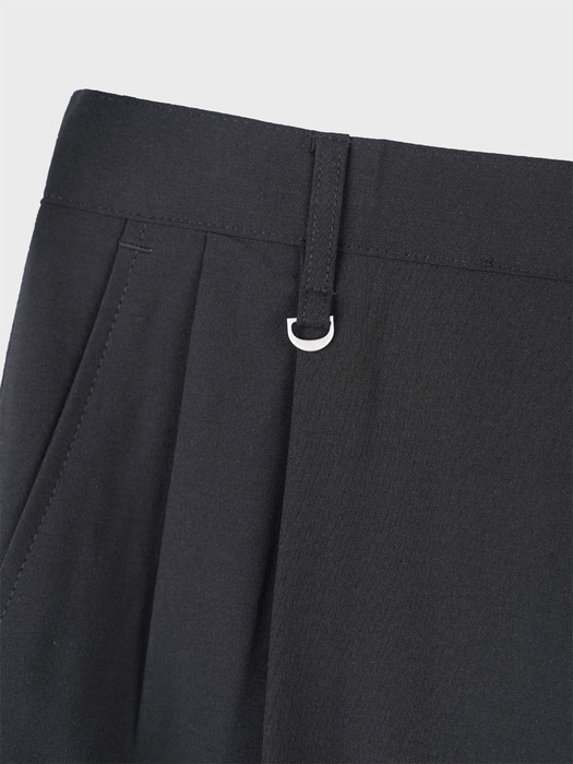 LINEN BLEND WIDE TUCK SLACKS_BLACK