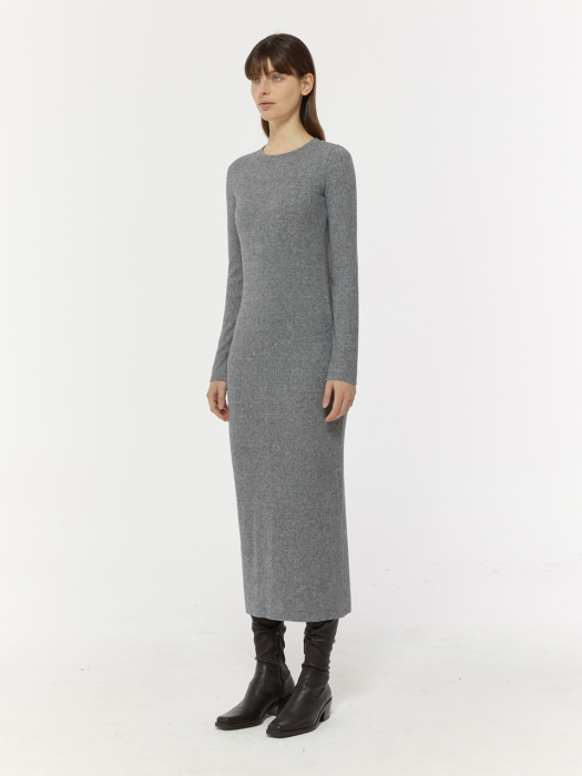 ROUND CUTTING SLIM LONG DRESS_MELANGE GREY