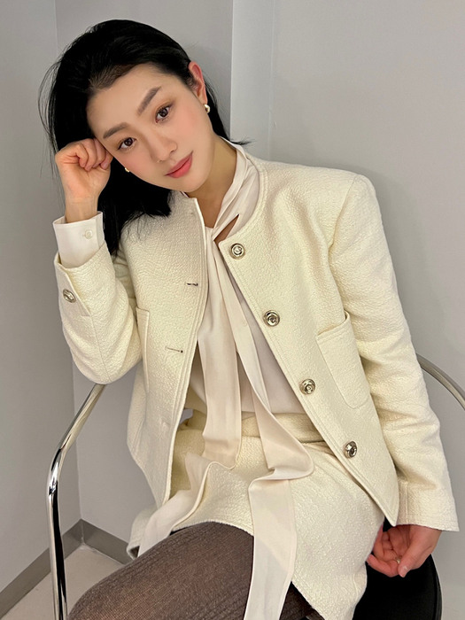 [Tweed] No-collar Stitch Tweed Jacket+Skirt SET