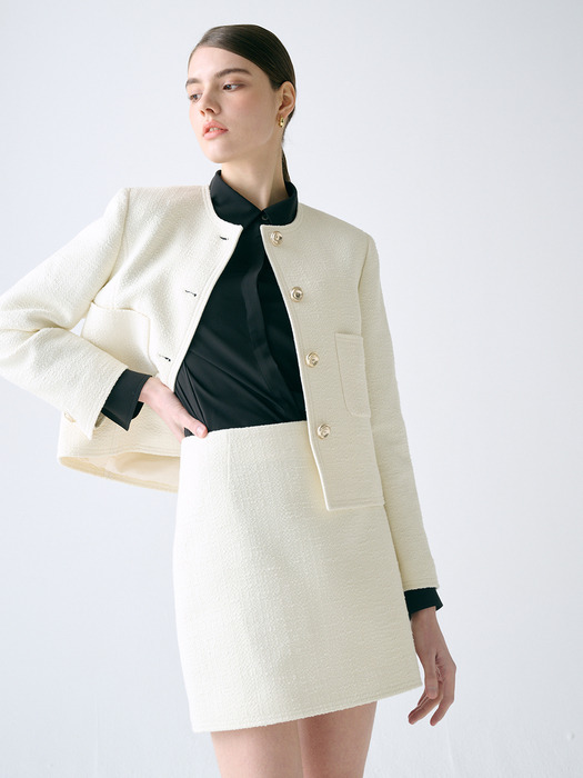 [Tweed] No-collar Stitch Tweed Jacket+Skirt SET