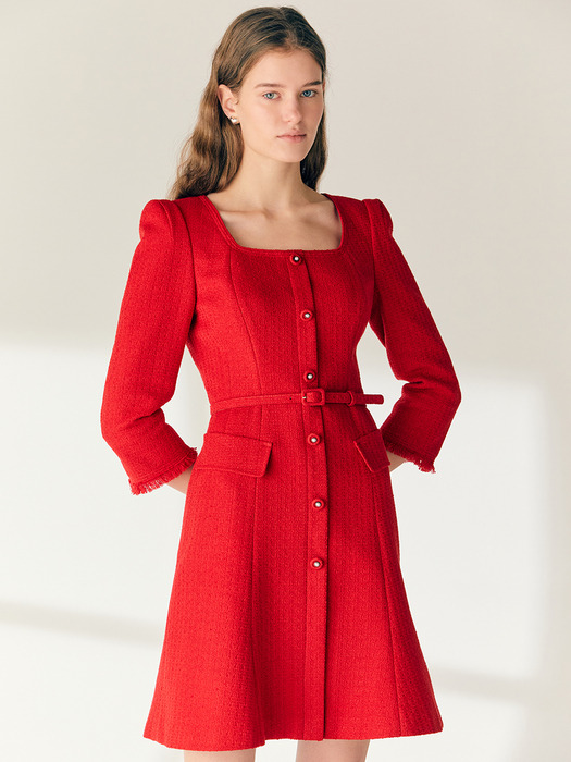 MELISSA Square neck three-quarter sleeve tweed mini dress (Black/Scarlet red)