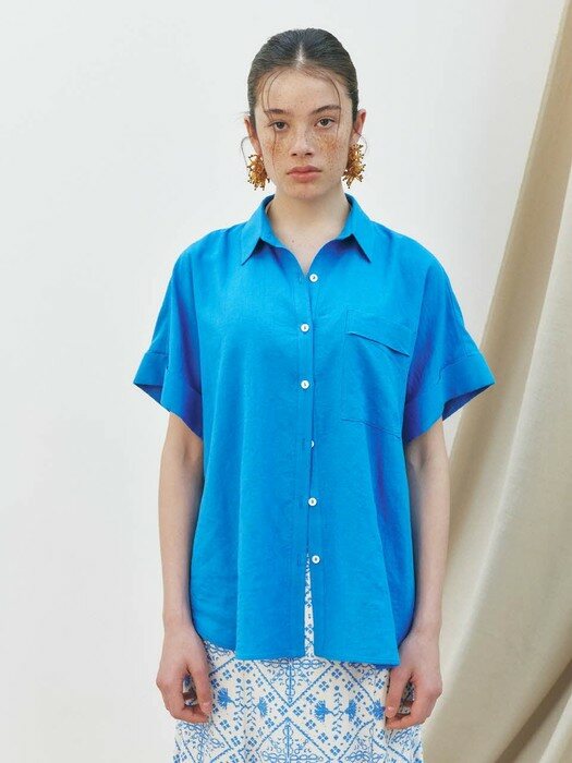 Oversized Rolled Up Half-Sleeved Shirt, Blue