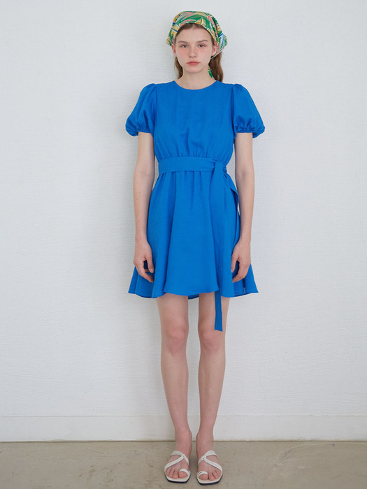 BELTED LINEN MINI DRESS - BLUE