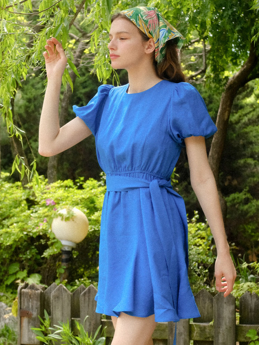 BELTED LINEN MINI DRESS - BLUE