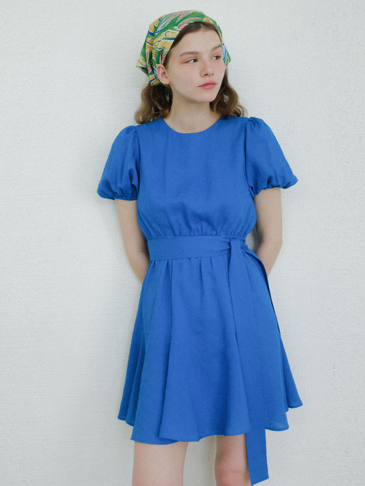 BELTED LINEN MINI DRESS - BLUE