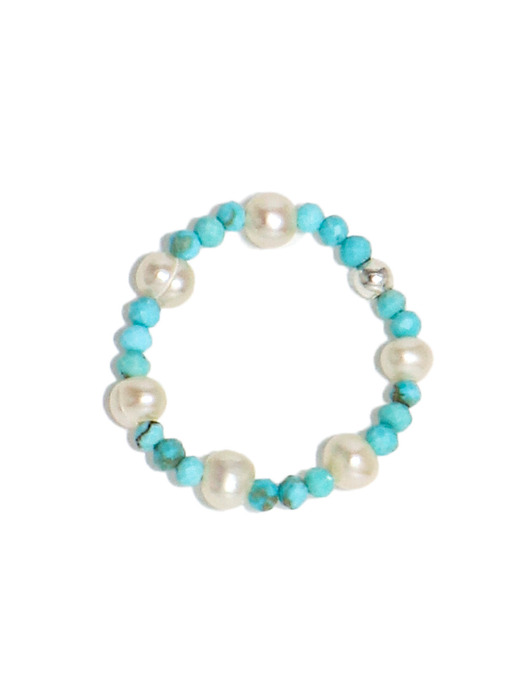 Fresh-water-pearl & Turquoise Bonbon Stretch Silver Ring Ir226 [Silver]