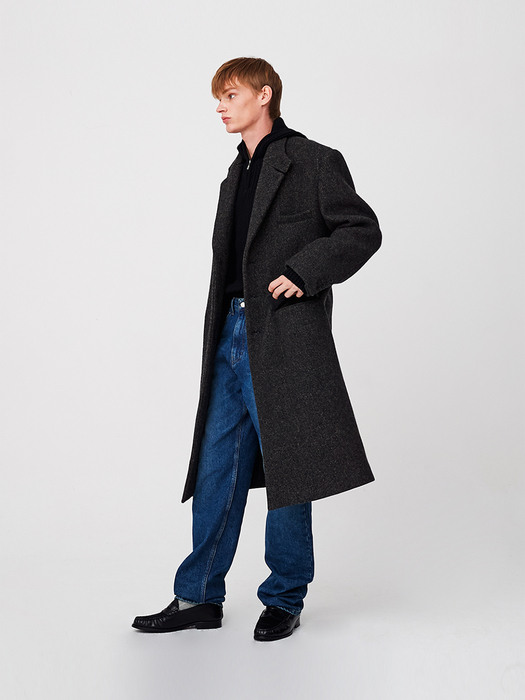 For men, 2-Way Collar Button Long Coat / Asphalt Tweed