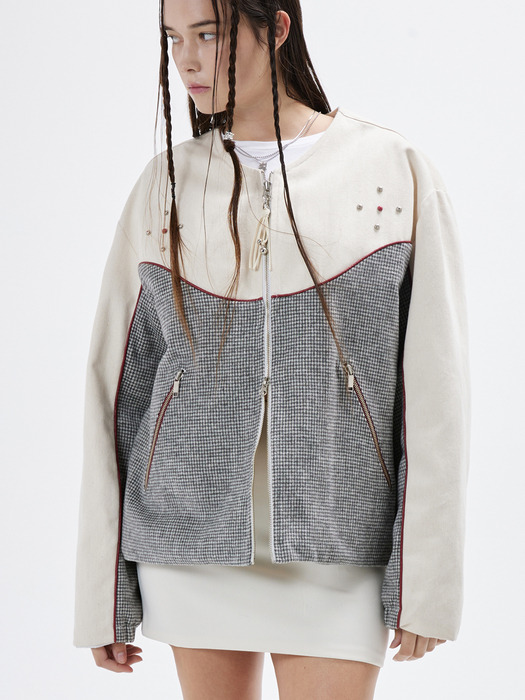 DENIM & CHECK ROUND NECK JACKET - IVORY