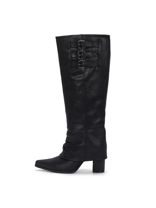 BUCKLE LAYERED LEATHER LONG BOOTS IN BLACK