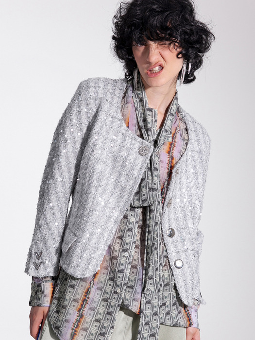Silver sequined tweed raglan sleeves jacket