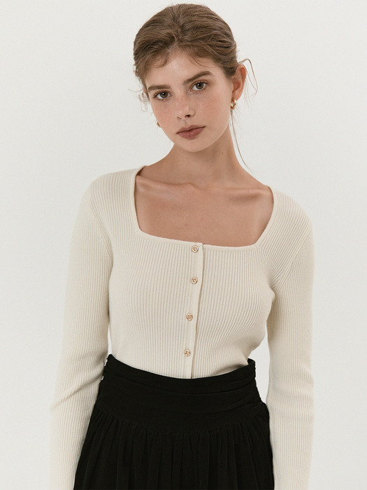 Squared button knit top_Ivory, Beige, Black