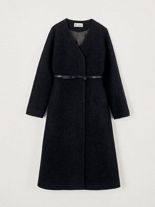 Belt V-Neck Wool Long Coat (Black)