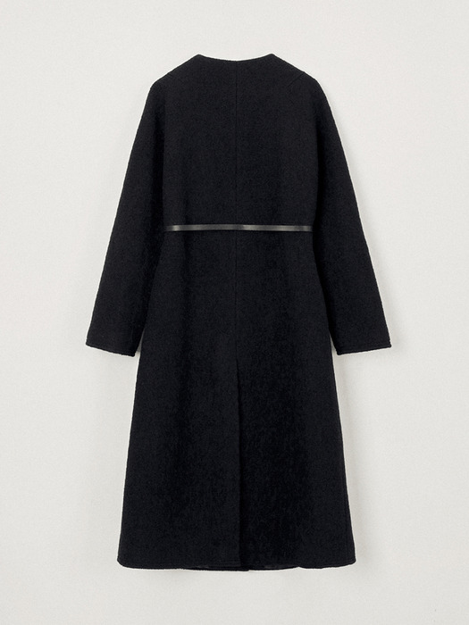 Belt V-Neck Wool Long Coat (Black)