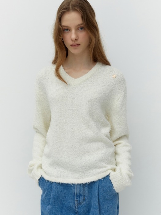 v neck boucle knit - ivory