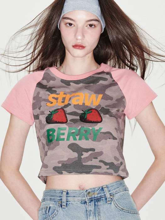 Strawberry Raglan Crop T-shirt [Camo Beige]