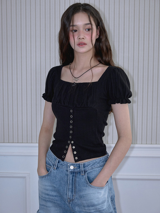 Puff Shirring Ribbon T-shirt [Black]