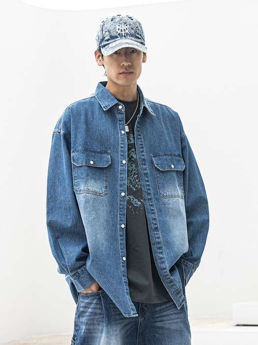 RELAX WASHED DENIM POCKET LONG SHIRTS MSFST001-BL